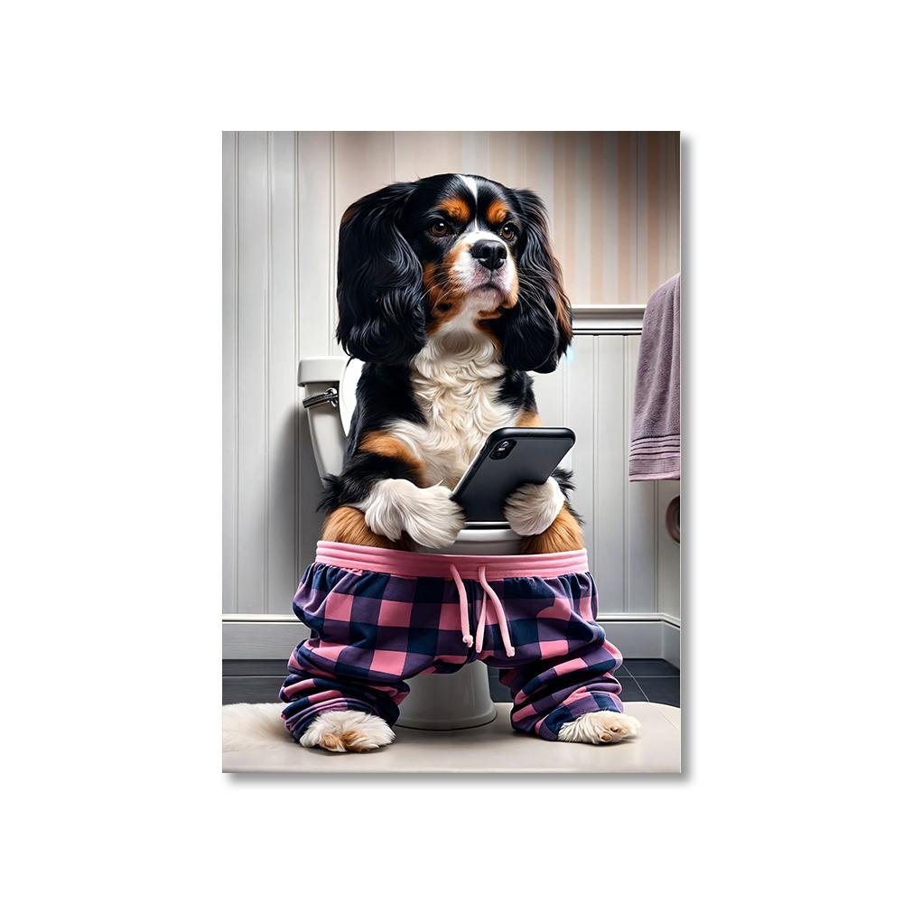 1PC Unframed Funny Pet Dog in Toilet Reading Newspaper Play Canvas Painting Animal Pictures Wall Art for Home Bathroom Decor