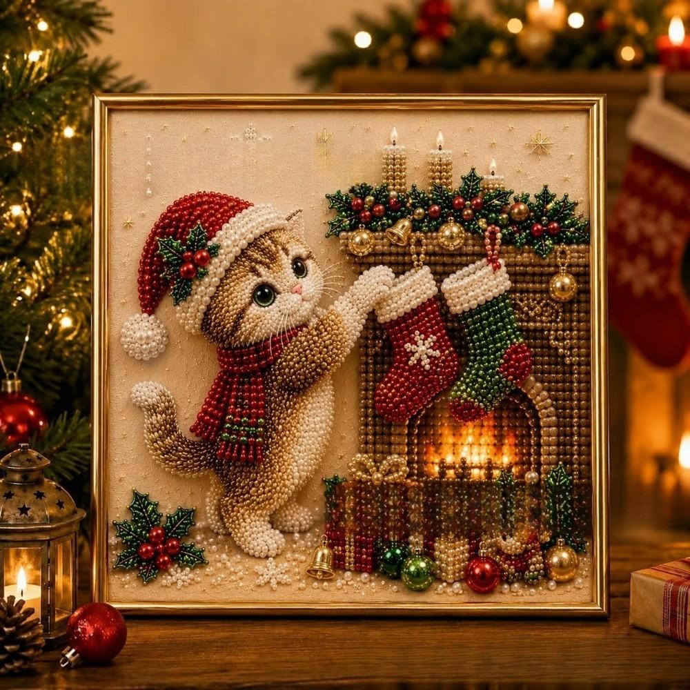 Handmade DIY Pearl Bead Art Kit Cartoon Cat Santa Crystal Painting Set Christmas Decor Winter