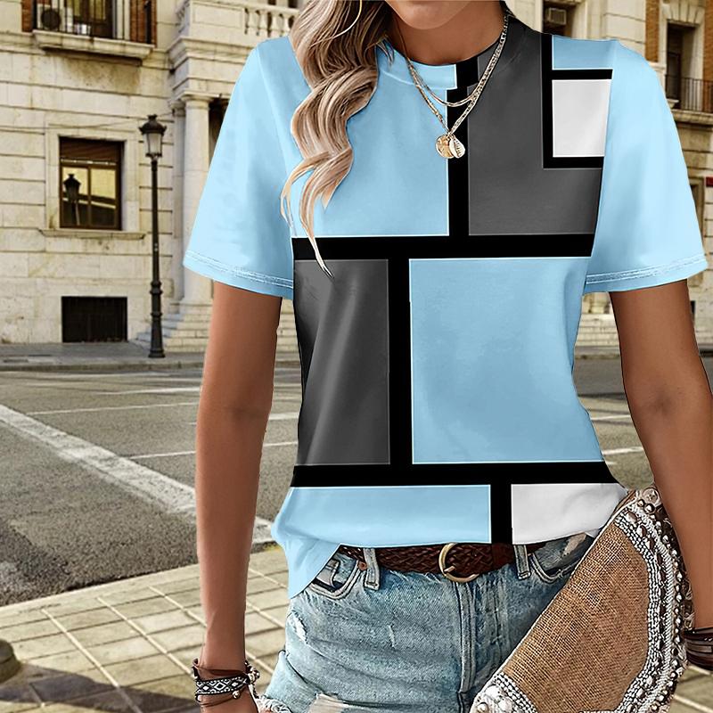 

Женская летняя футболка с правильными черными линиями и принтом, футболки с короткими рукавами, повседневные топы с принтом 5XL синий
