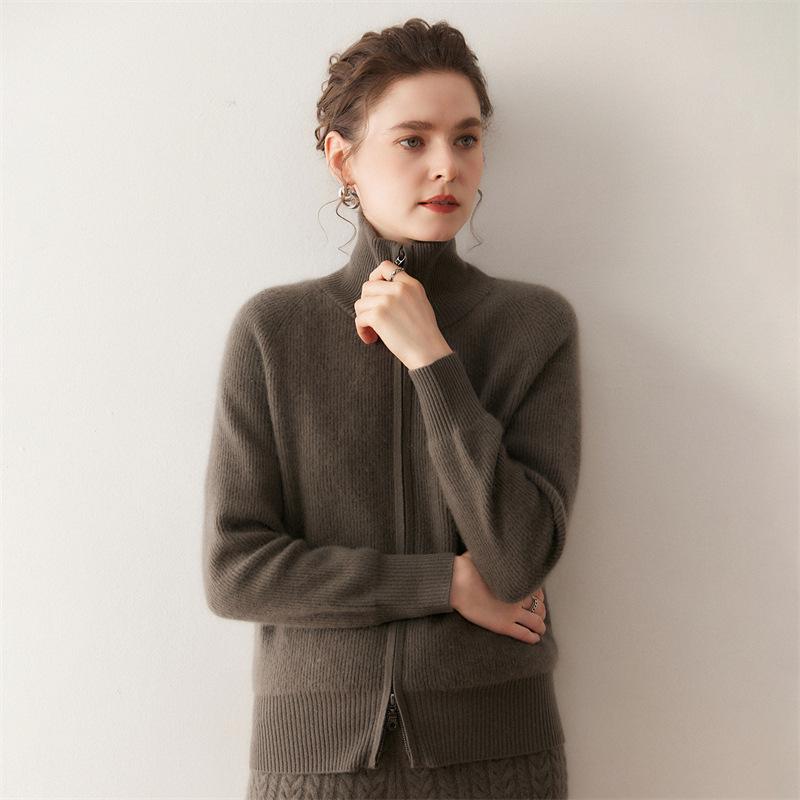 Lekasha Cashmere 2026 Stand-up Collar Women's Double Zipper Cardigan Coat
