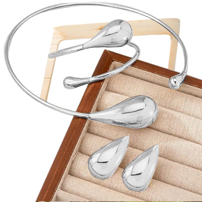 Water Drop Metal Personality Temperament Collar Bracelet Stud Earrings Set Charm Classic Style
