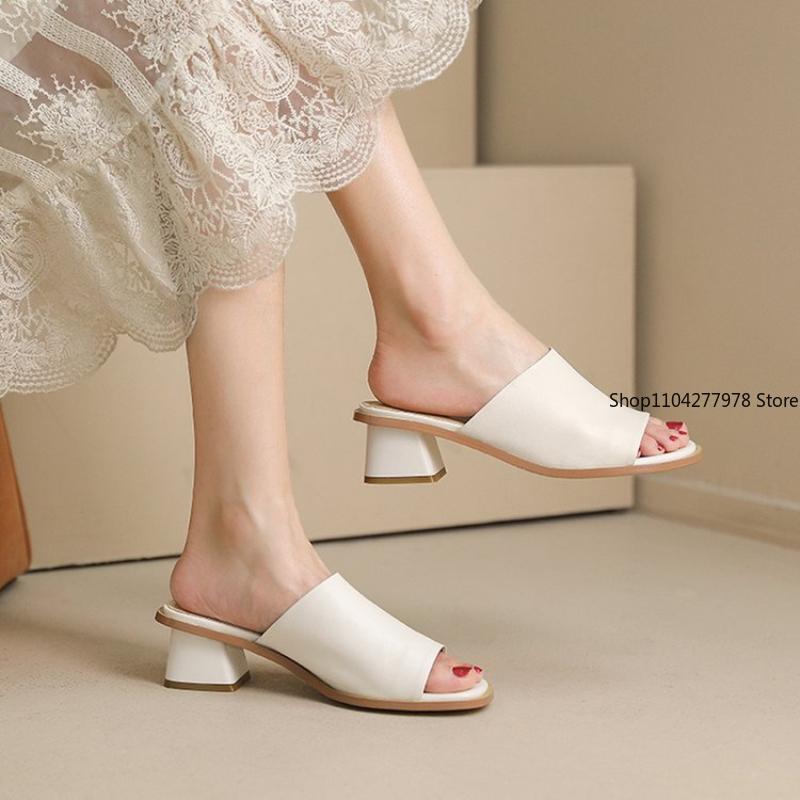 Fashion Thick-heeled Soft Leather Outer Slippers Fish Mouth Comfortable Versatile Mid-heeled Women Sandals Women's Mother's Shoes Women
