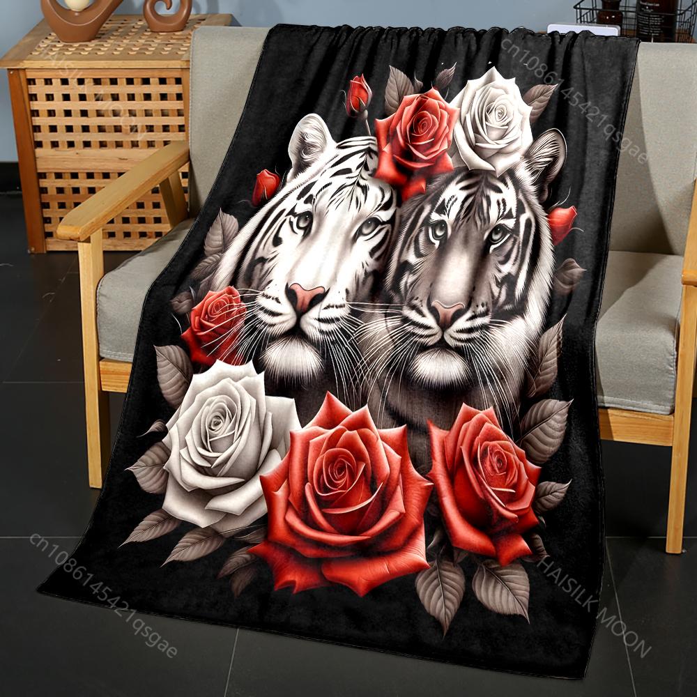 

Tigers Surrounded By Vibrant Roses Pattern Blanket Flannel Material Soft Warm for All Seasons, Home Outdoor Camping Picnics RV 75x90cm