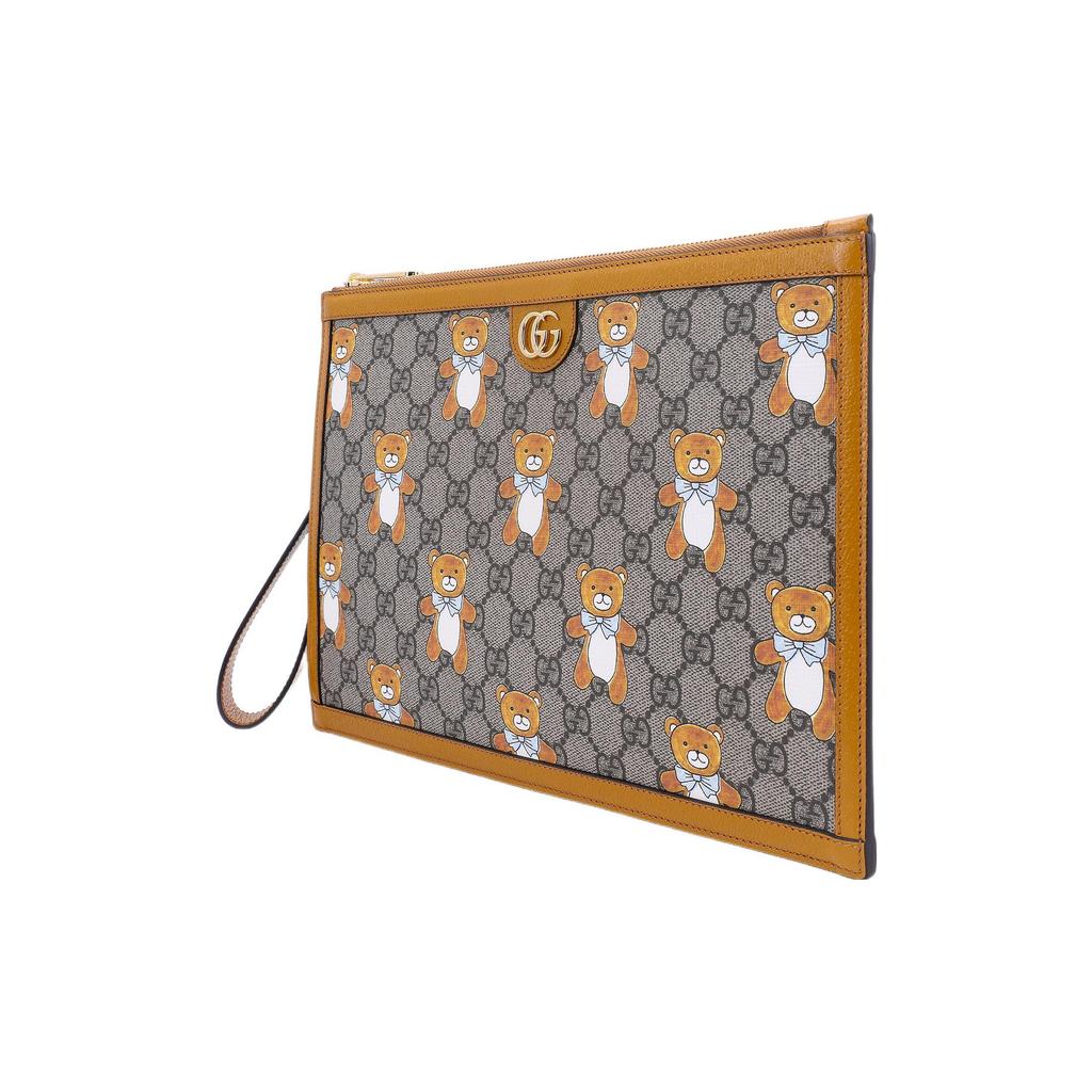 Gucci X Kai Collaboration Vintage Logo Teddy Bear Print Canvas And Leather Clutch Unisex clutch Ebony Brown 660162-2YLAG-8695