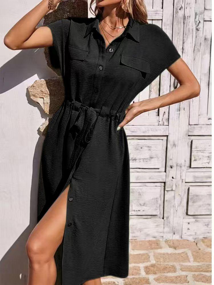 2024 Women's Fashionable Shirt Collar Waist-Cinching Dress with Waistband