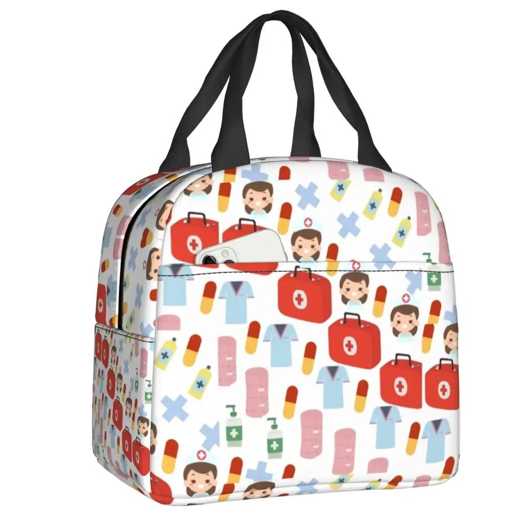 Nurse Tool Pattern Insulated Lunch Tote Bag for Women Nursing Resuable Thermal Cooler Food Lunch Box Work School Travel