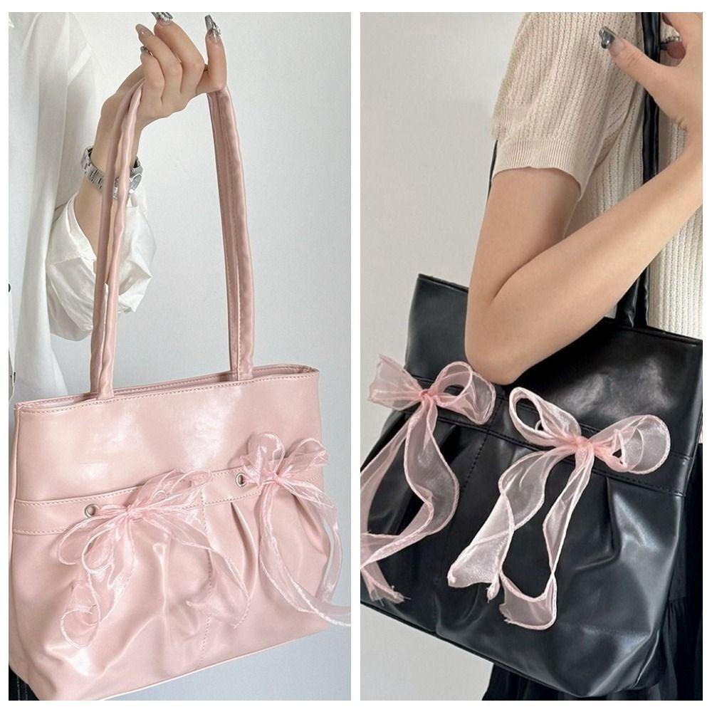 Fashion Solid Color Lace Bow Tote Bag Large Capacity Temperament Underarm Shoulder Bag Popular Trendy Commuting Bag Ladies