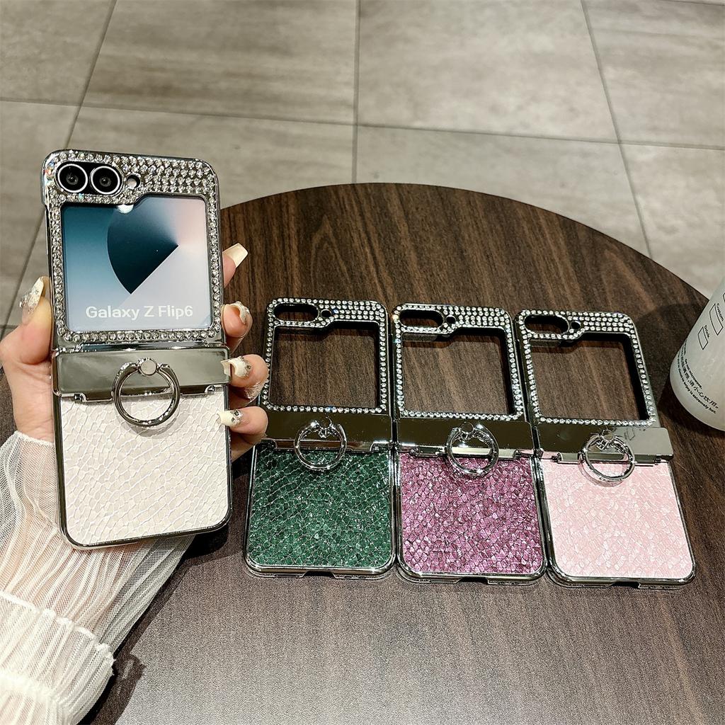 For Samsung Galaxy Z Flip7 FE 5G/Z Flip6 5G Case Fish Scale Texture Ring Holder PC Rhinestone Phone Cover