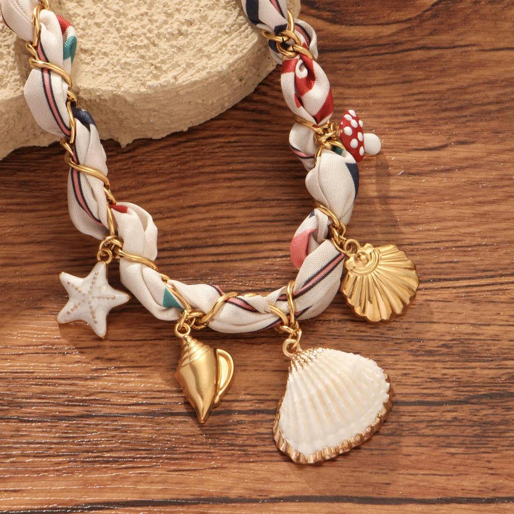 Silk Scarf Wrapped Chain with Starfish, Shell, Conch, and Mushroom Pendants Seaside Necklace