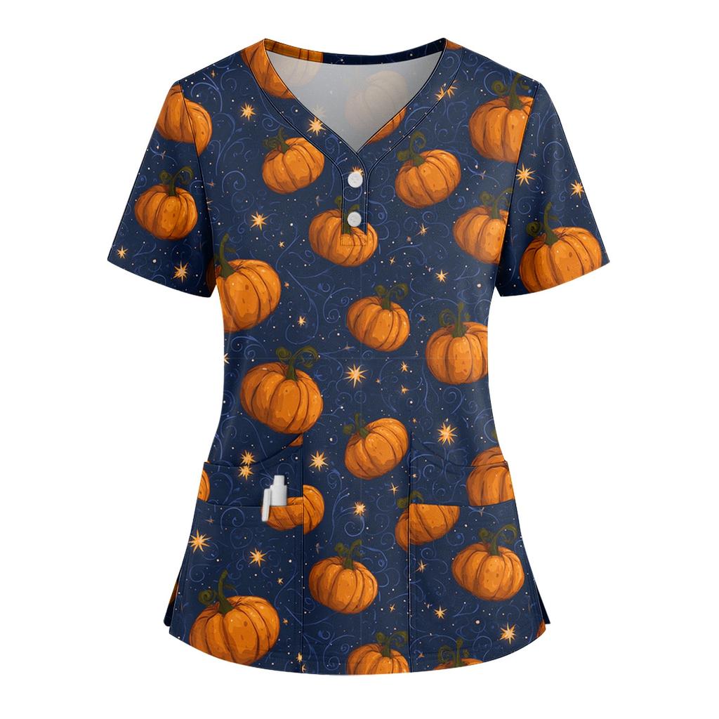 Dámské volné tričko s krátkým rukávem, módním halloweenským potiskem, výstřihem do V, zapínáním na knoflíky a bočním rozparkem