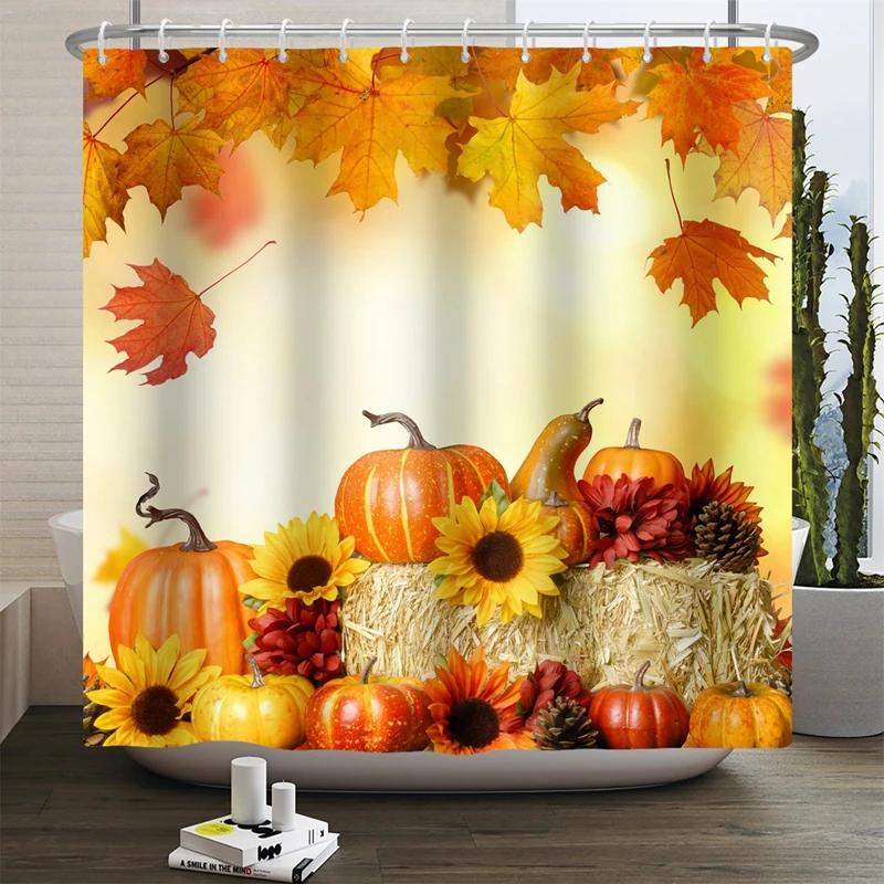 Hello Fall Shower Curtain Autumn Maple Leaves Pumpkin Bathroom Decor Polyester Fabric Cloth Shower Curtain With Hooks Room Decor