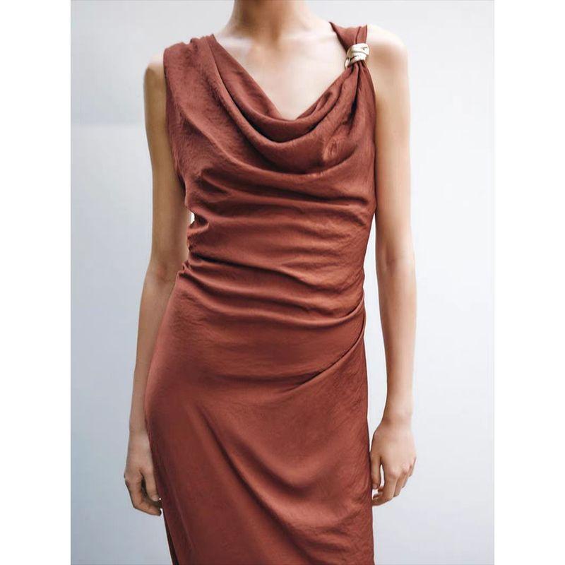 Za2025 Summer New Product Women's Clothes Elegant Gold Inlaid Draped Collar Midi Skirt Dress 5029070 700