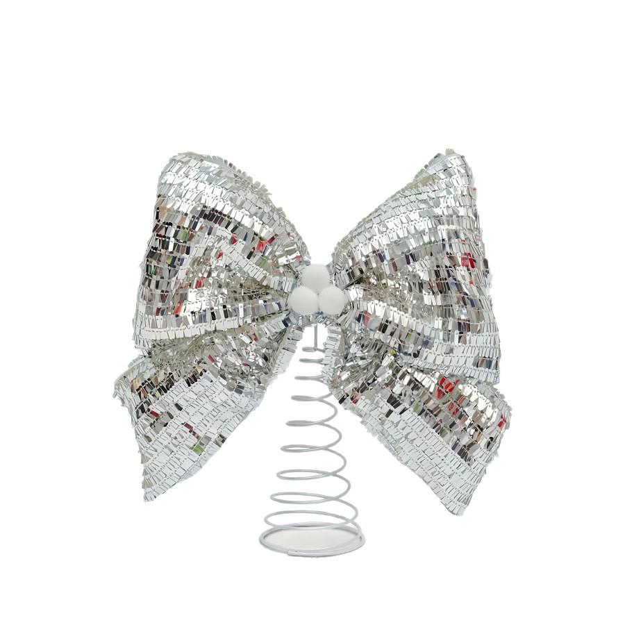 Large Shiny Sequin Bow Christmas Tree Topper with Spring Base