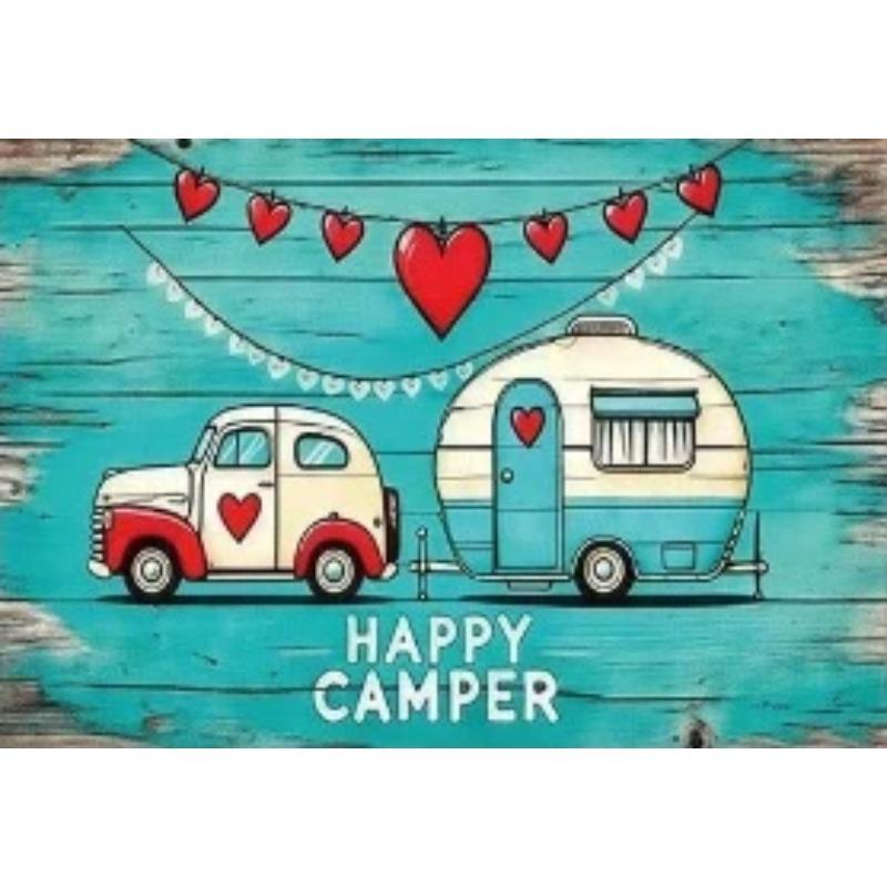 Happy Camper Doormat Vintage Camper Retro Faux Wood Grain Design Non Slip Washable Entry Rug Carpet for Outdoor Camping 40X60cm