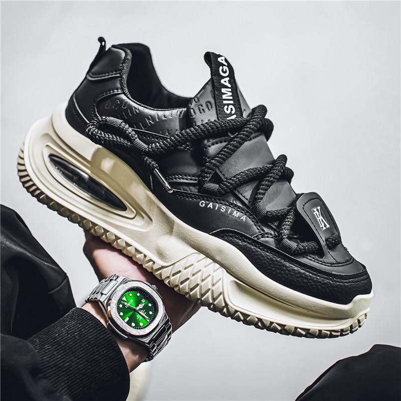 

Men s shoes 2025 fashion new leather casual sneakers thick-soled heightened comfortable student dad tide shoes No. 46 39 чёрный