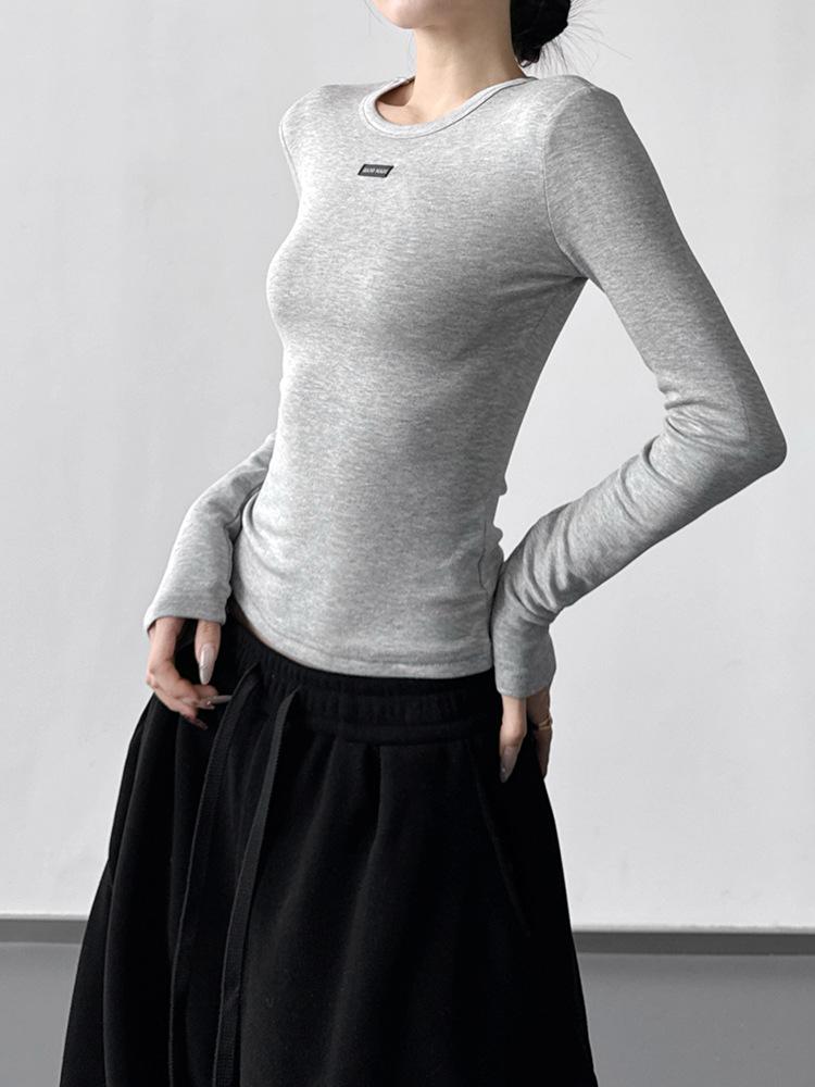 Women's Grey Round Neck Slim Fit Long T-Shirt - 2025 Autumn/Winter Collection