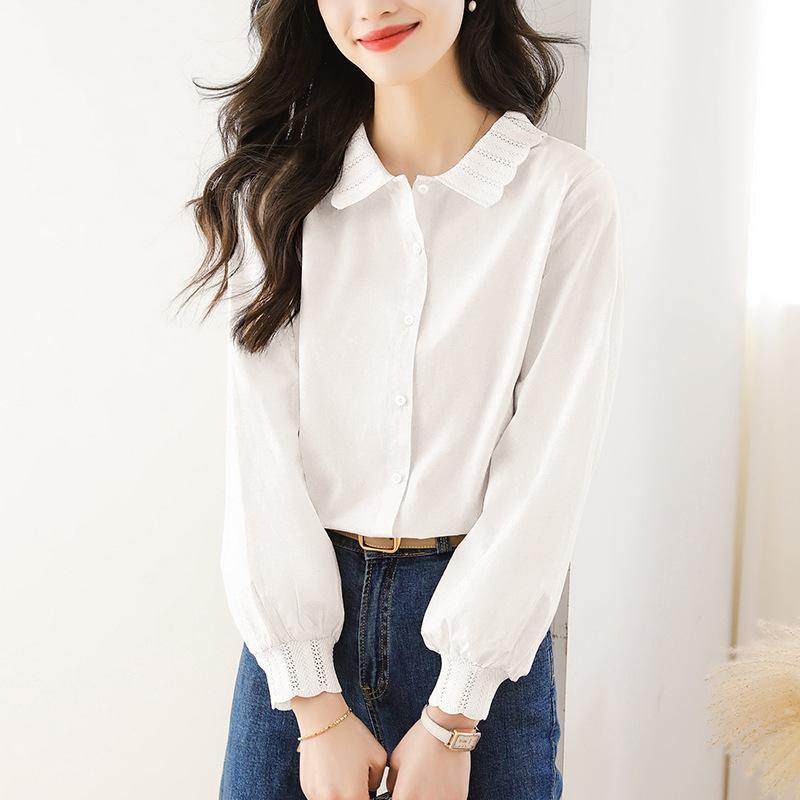

Рубашка абрикосового цвета с белым кружевным воротником для женщин с длинными рукавами, весенняя хлопковая рубашка XXL