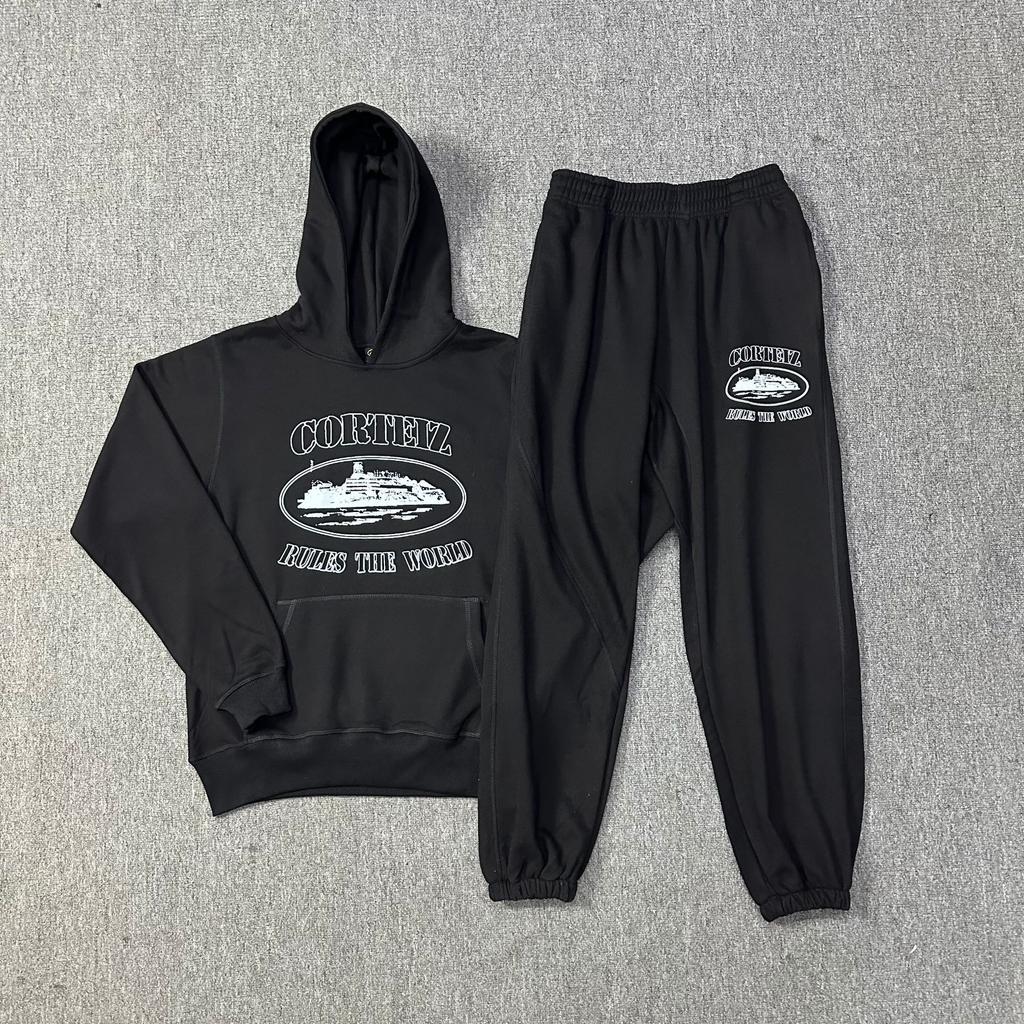 Corteiz Classic Series Ship Print Logo Thin Plush Loop Hooded Sweater, Trendy Men's and Women's Casual Sweatpants