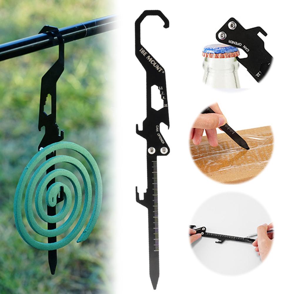 Folding Tent Stakes Multifunctional Stainless Steel Hook Mosquito Coil Bracket Bottle Opener Measuring Ruler for Outdoor Camping