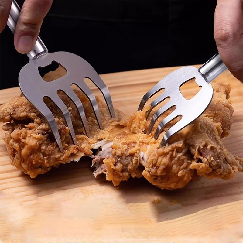 1/2 Pièces Coupe-Viande en Acier Inoxydable Protecteur de Doigt Fourchette à Viande de Cuisine Manche en Bois Manche Long Griffes Outil de Grillade Barbecue