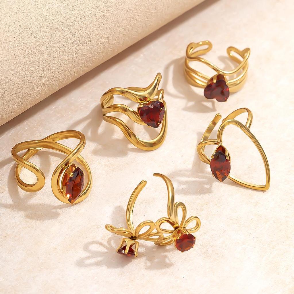 Adjustable Gold Heart & Red Diamond Flower Ring Set - 5 Pieces, Stainless Steel