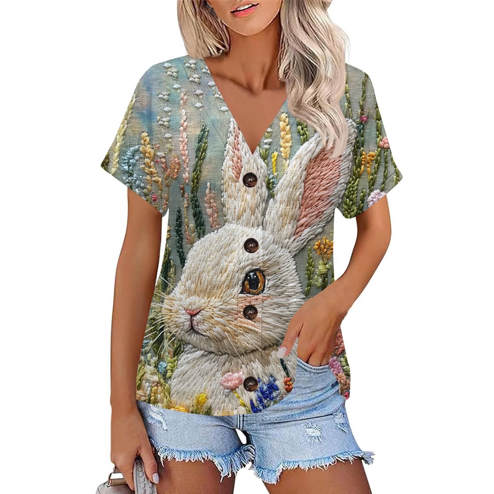 

Женская модная футболка с коротким рукавом и V-образным вырезом с пасхальным принтом, повседневная футболка на пуговицах XL белый