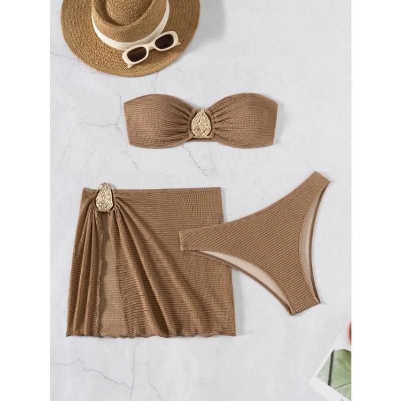 

Сексуальный купальник-бандо для женщин, кофейный, с металлическим украшением в виде капли воды, пуш-ап, сетчатая юбка, купальник из трех частей, пляжный купальный костюм S кофейный