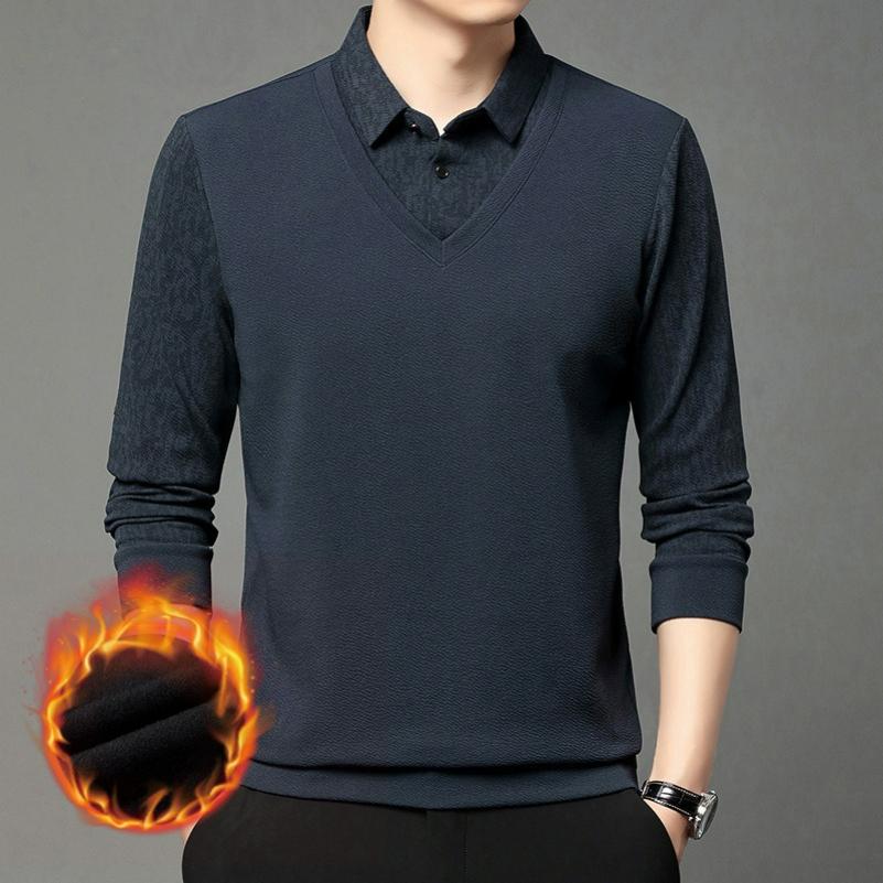 Plus Samt Herren Langarm T-Shirt Winterurlaub Zweiteiler Mittleren Alters Revers Verdickt Warmes T-Shirt Herren Unterhemd