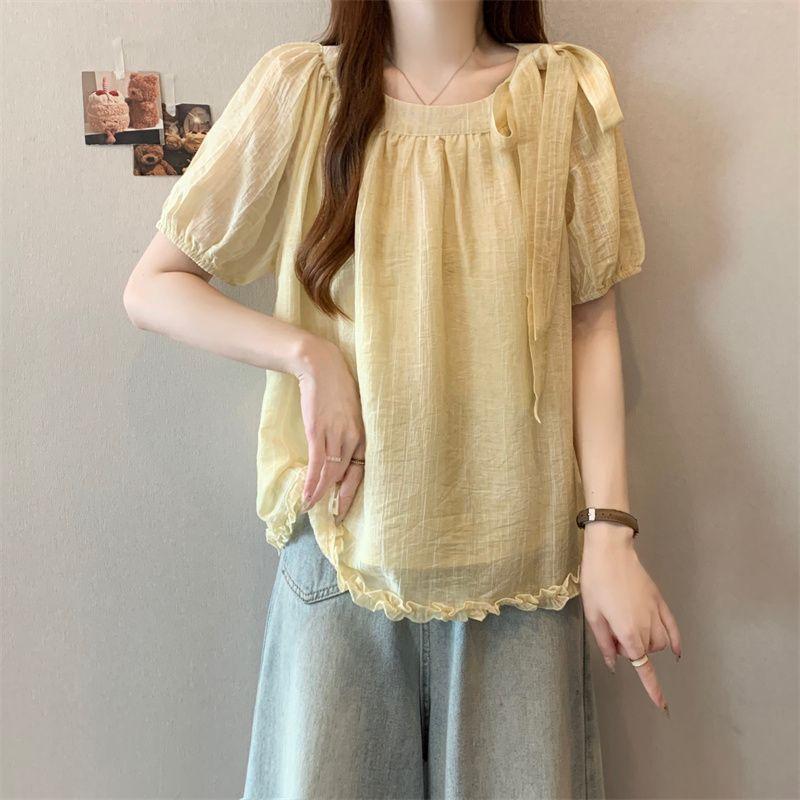 Summer Womens Fashion Solid Color Lace Short Sleeve Shirt with Tie Design Casual Top