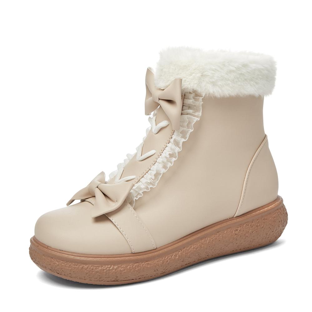 Fashion Faux Fur Winter Lolita Girl's Boots PU Leather Warm Plush Boots Anti-slippery Vintage Fashion Plush Boots For Big Girls 31-43