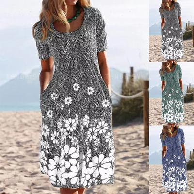 Casual Women Round Neck Printed Retro Dress Floral Short Sleeve Pullover Dress