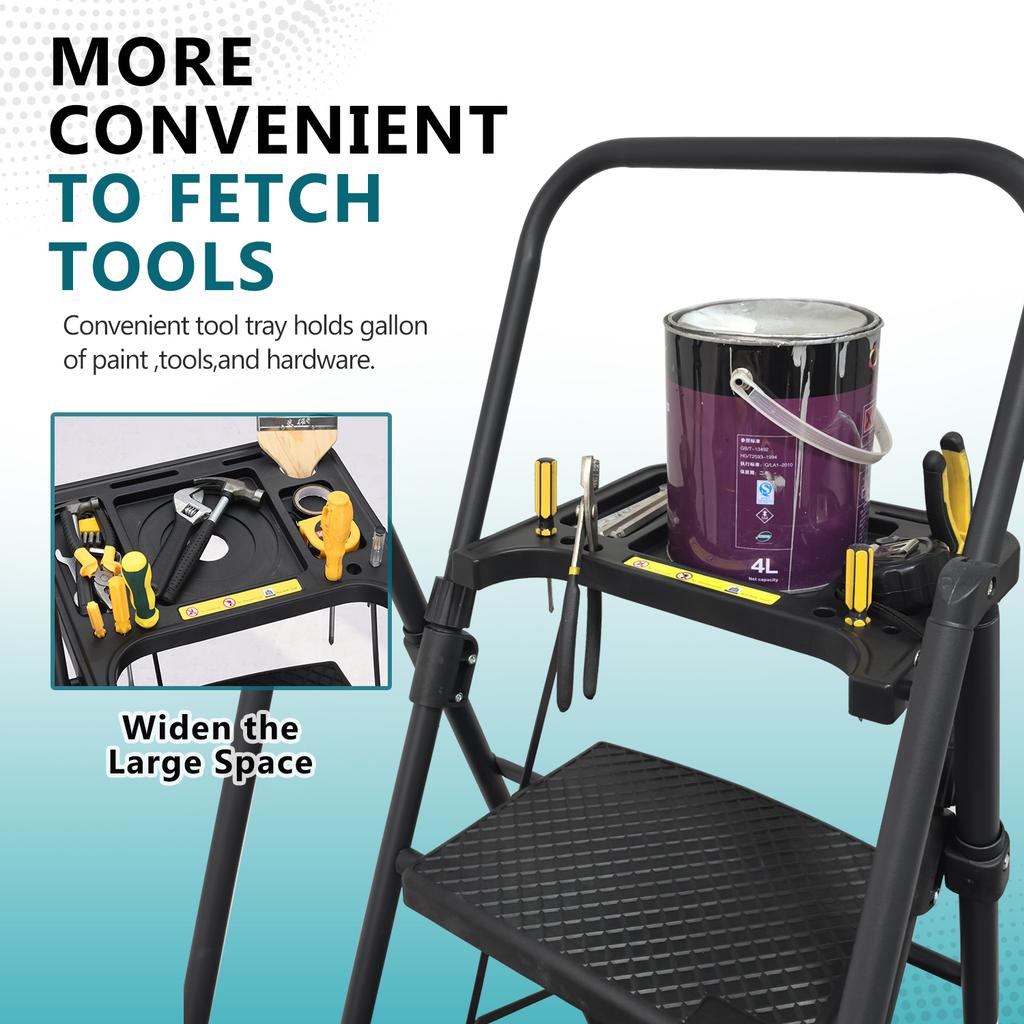 4 Step Ladder, Sturdy Steel Stool with Anti-Slip Wide Pedals, Handrail, Safe-Lock Design, Pass 330 lbs Load Testing, Folding Portable Black