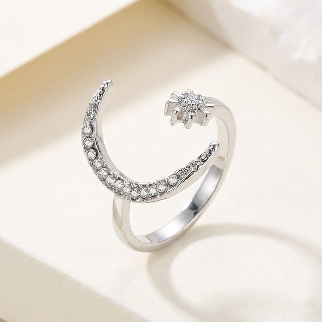 

Crescent Moon Star Diamond Crystal Open Rings for Women Bridal Wedding Engagement Fashion Jewelry серебряный