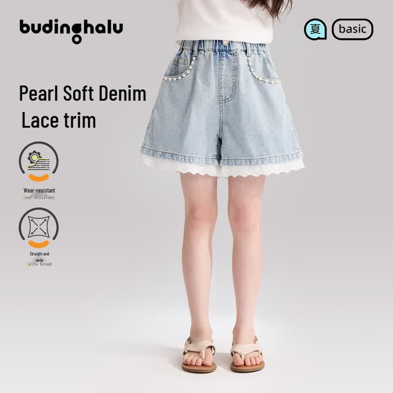 Pudding Haru Girls Lace Pearl A-Line Denim Shorts 140