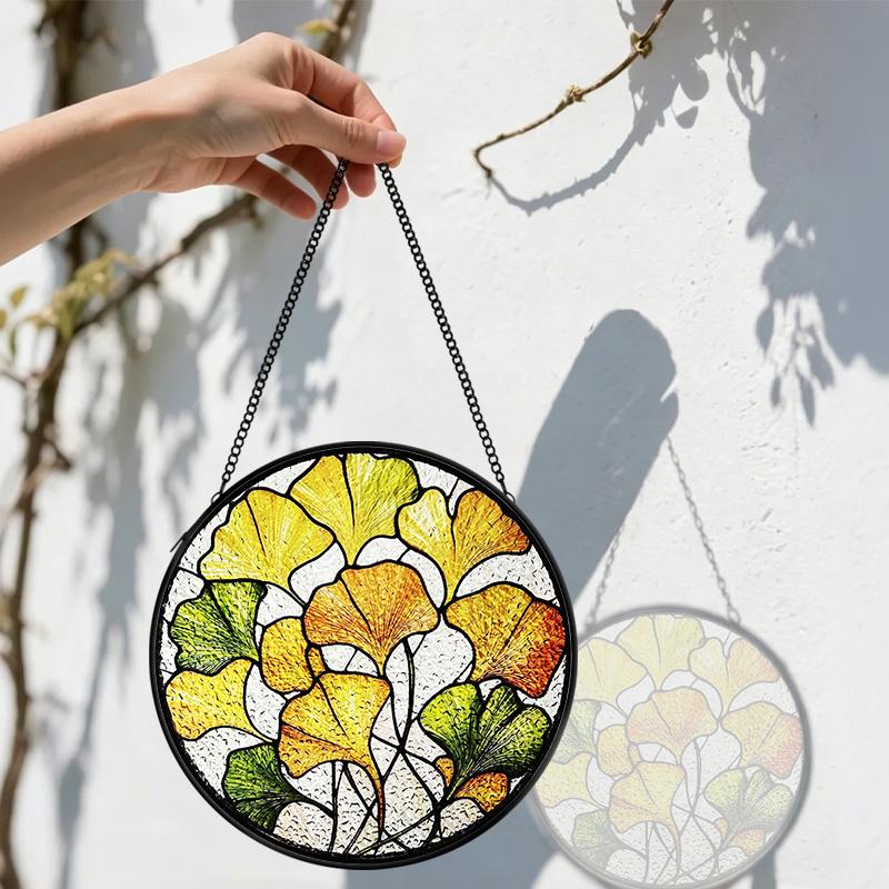 2D Flat Stained Glass Ginkgo Leaf Window Decoration, Autumn Yellow & Green Design Colored Glass Plate with Chain, Charming Sun Catcher Home Garden
