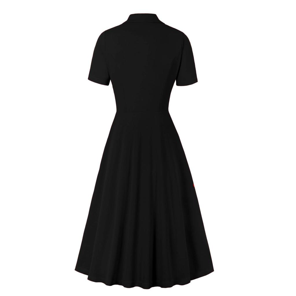 Women's Short Sleeve Color Vintage Lapel Dress With Large Swing Skirt