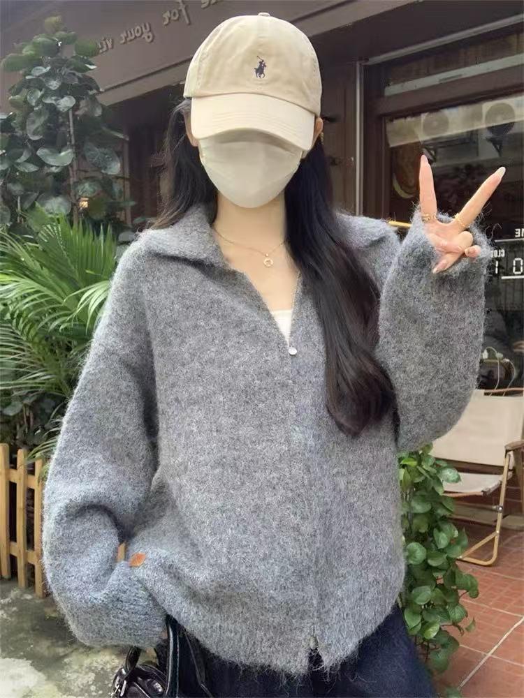 Women's Korean-Style Loose Lapel Double Zipper Sweater Coat - Autumn/Winter 2025 Knitted Cardigan