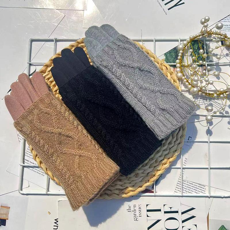 Dámské pletené vlněné rukavice s dotykovou obrazovkou, jezdecké teplé a chladuvzdorné dvojité vlákno