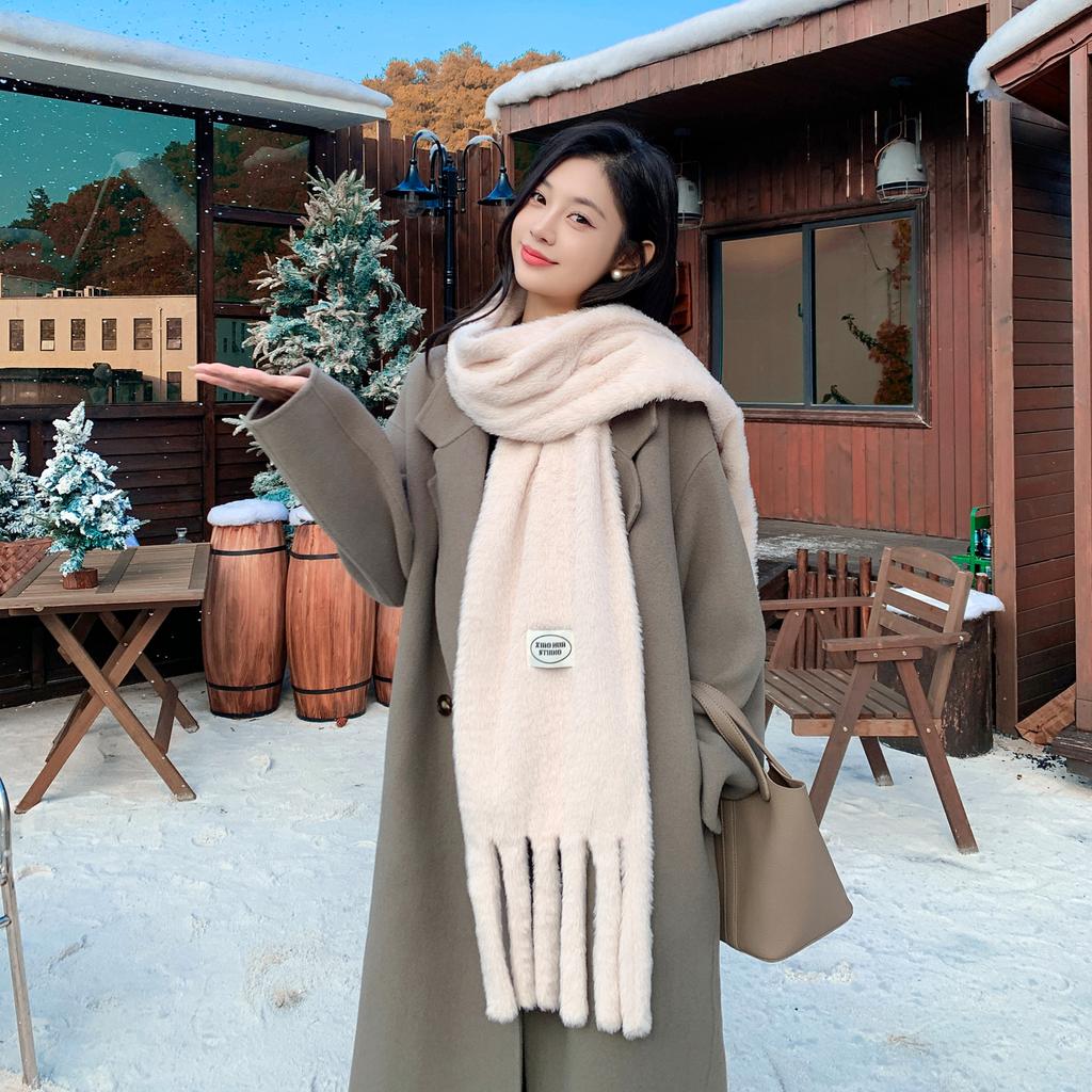 Winter Plush Solid Scarf For Women Thick Warm Long Tassel Shawls Neck Protection And Cold-Proof Scarves New Luxurious Muffler
