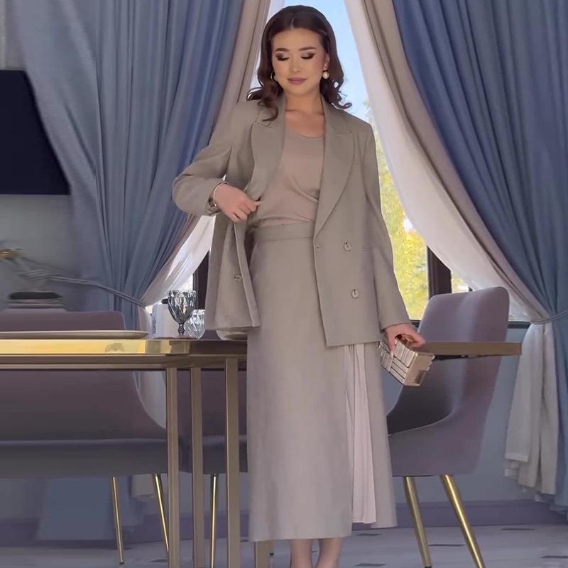 

2024 Осенний Женский Элегантный Костюм Длинного Платья Однотонного Цвета - Универсальный Комплект из Двух Предметов XXXL хаки