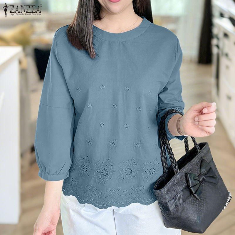 ZANZEA Blusa da donna casual con scollo rotondo, manica a 3/4, patchwork all'uncinetto