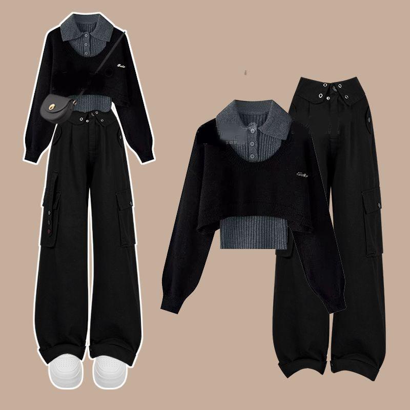 

Осенне-зимний женский вязаный свитер, женская майка-поло, универсальные рабочие брюки, комплект из трех предметов XL чёрный