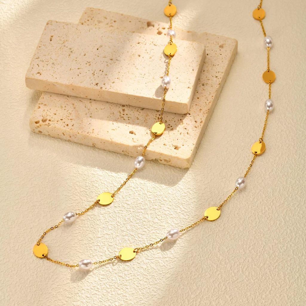 Exaggerated Personality Design Long Chain Imitation Pearl Necklace for Women, Gold Plated Stainless Steel Chain Party Jewelry