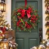 Realistic Design Christmas Wreath Velvet Bow Elegant Evergreen Pine Wreath Hanging Decoration Faux Greenery Wreath Indoor Decor