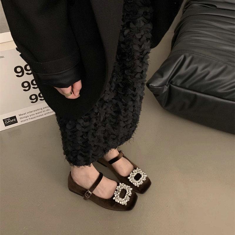Fashion Flat Shoes for Women's Spring and Autumn French Diamonds Mary Jane Shoes Black Loafers Plus Size Women's Shoes