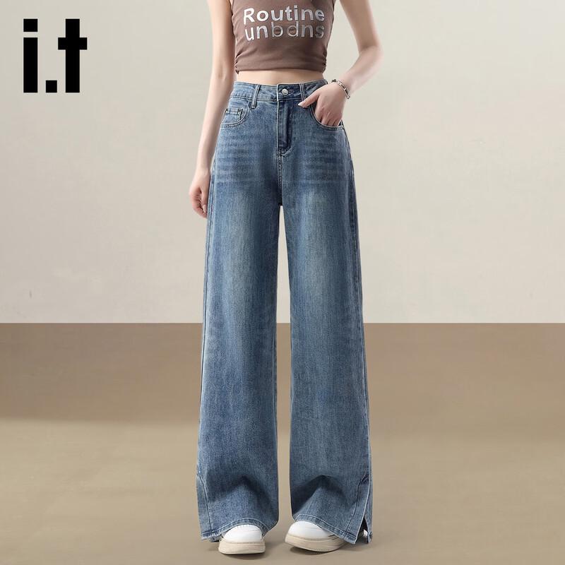 Izzue It Women's High-Waist Split Hem Vintage Wash Wide-Leg Jeans