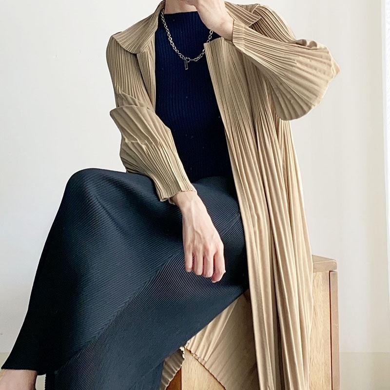 Women Pleated Trench Coat Long Loose Double Breasted Spring Autumn Fashion Versatile Pure Color Outerwear