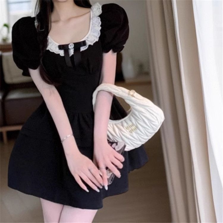 Black Square Neck Bow Bubble Sleeve Dress Women's Summer Temperament Waist Princess Fluffy Short Skirt Small Black Skirt