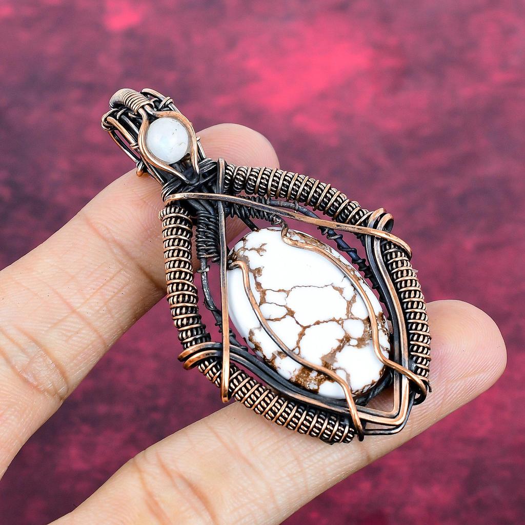 Wild Horse Magnesite Pendant Copper Wire Wrapped Rainbow Moonstone Jewelry Handmade Gemstone Pendant