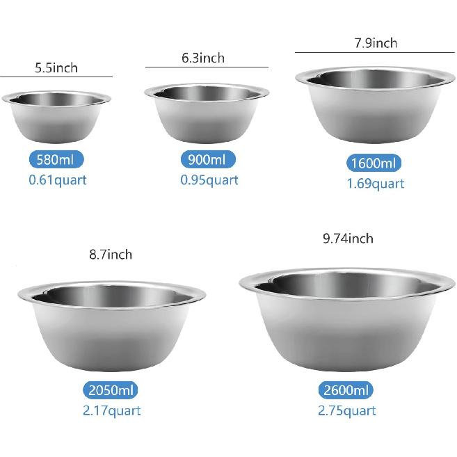 Mixing Bowl Set of 5, Stainless Steel Mixing Bowls, Nesting Whisking Bowl Set for Cooking, Baking, Serving, Food/Salad Prep